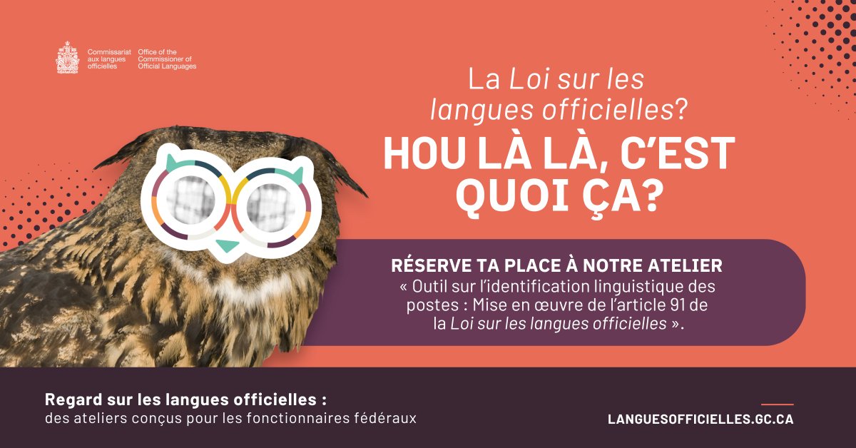 La #LoiSurLesLanguesOfficielles? Hou là là, c’est quoi ça? Réserve ta place à notre #atelier pour les #FonctionnairesFédéraux « Outil sur l'identification linguistique des postes: Mise en oeuvre de l'article 91 de la Loi sur les langues officielles ».
clo-ocol.gc.ca/fr/outils-ress…