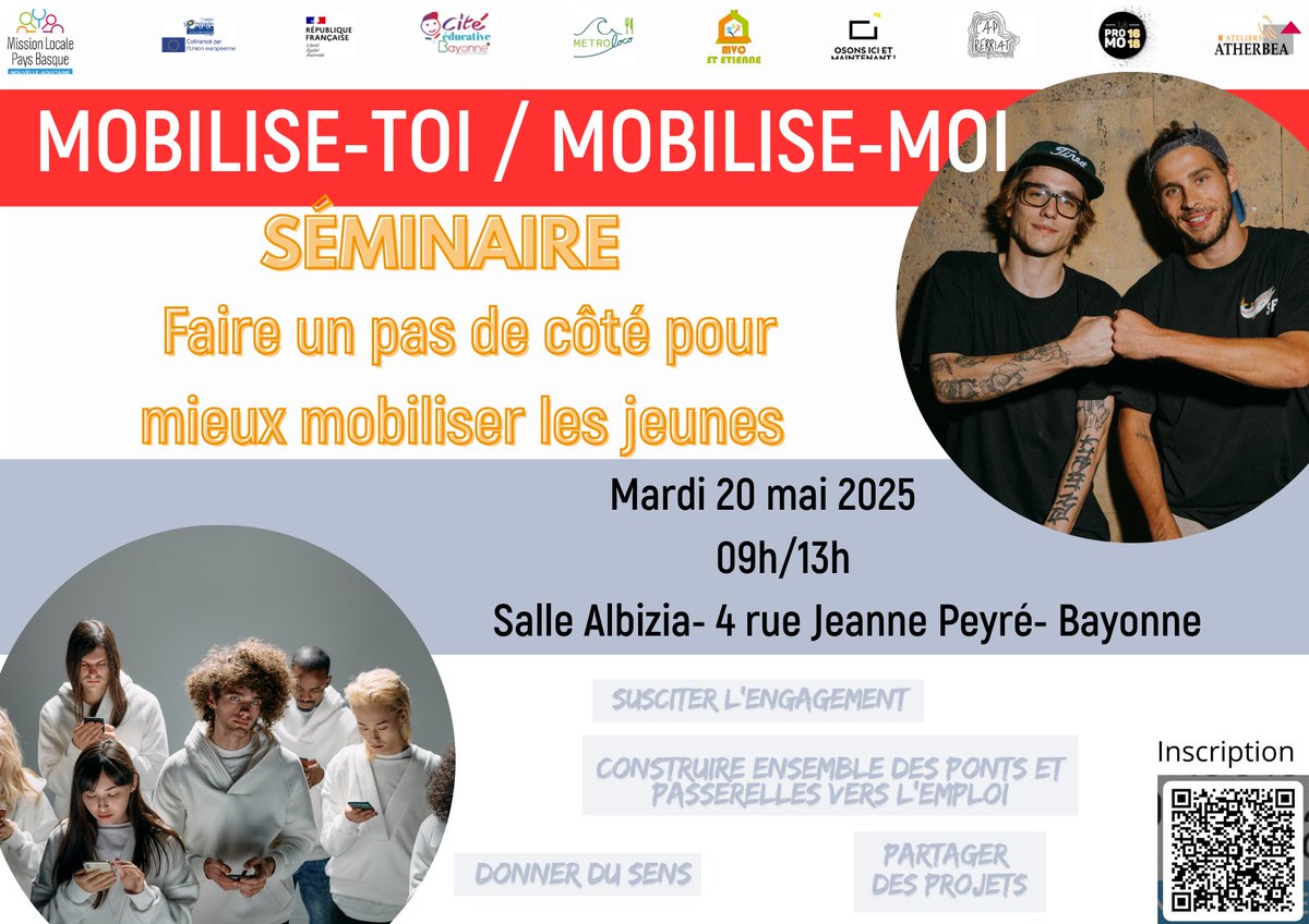 Jeunes 16-25 ans des QPV <a href="/VilleDeBayonne/">VilleDeBayonne</a>  &amp; pros #insertion : explorons ensemble les pistes pour mieux mobiliser ! Organisé par <a href="/MissionLocalePB/">MissionLocalePaysBasque</a> 
📅 RDV le 20 mai à la salle Albizia
✅ Ateliers, témoignages &amp; échanges
📝 Inscription avant le 13/05 (QR code sur affiche)