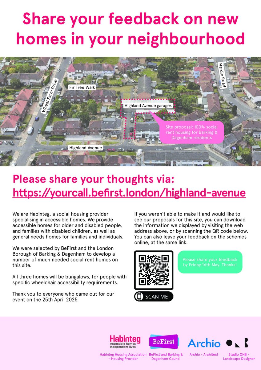 We’re working with <a href="/Habinteg/">Habinteg</a> on 2 small accessible housing schemes in Barking &amp; Dagenham. 

Share your views &amp; shape the plans:
📍 Keir Hardie Way  - ow.ly/po5j50VQZ50
📍 Highland Avenue  - ow.ly/HtOa50VQZ51

#AccessibleHousing #LBBD