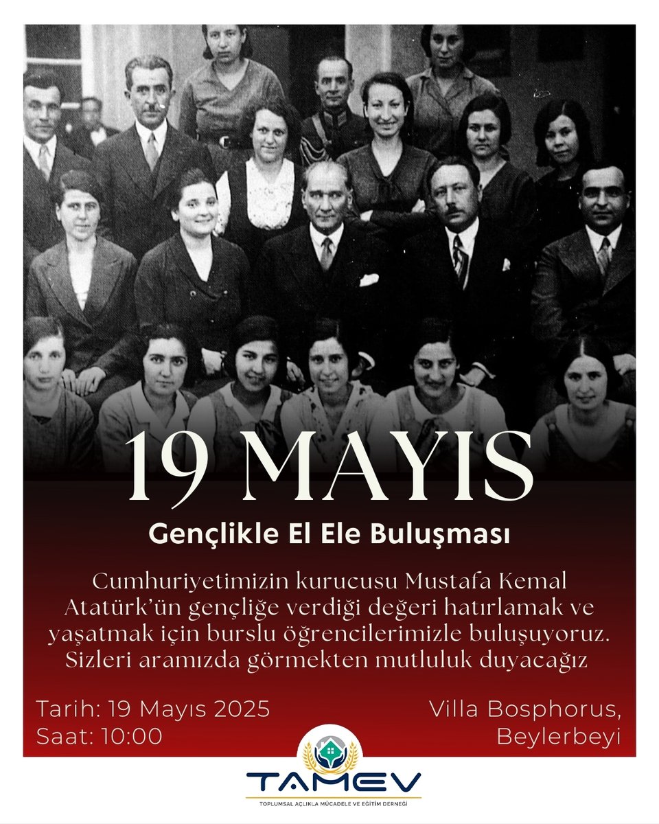 19 Mayıs’ta Gençlik ile El Ele!

📍 Villa Bosphorus, Beylerbeyi
🕙 Saat: 10.00

#19Mayıs #AtatürküAnıyoruz #GençlikVeGelecek #TAMEV #BirlikteGüçlüyüz #GeleceğeDestek #VillaBosphorus #Beylerbeyi #GençlikHaftası