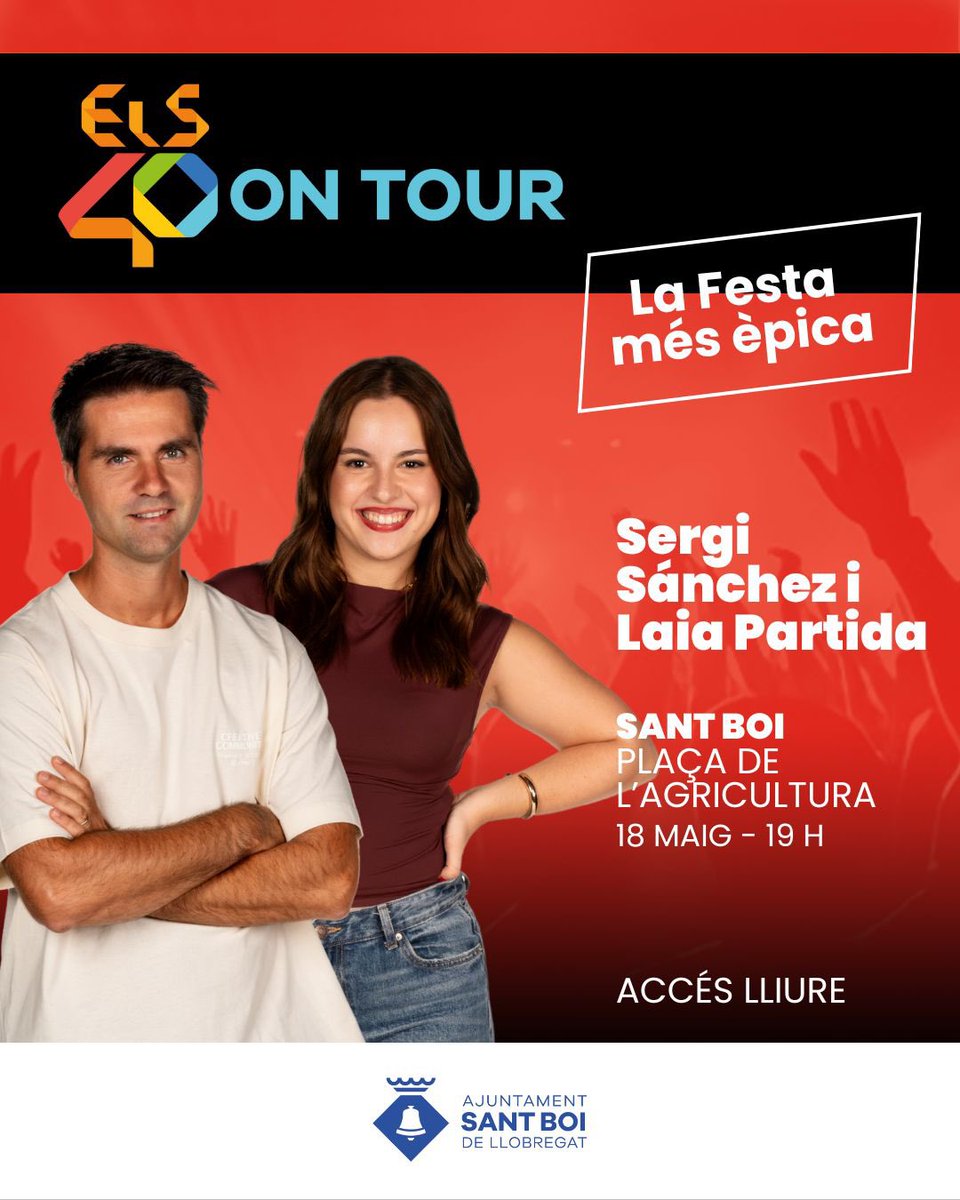 Els40_'s tweet image. Aquest 18 de maig… prepara’t per la festa més èpica a Sant Boi 🥳 Amb en @sergisanchez85 i la @LaiaPartida amb ELS40 ON TOUR 🌟 

Música, tardeo i bon rotllo a la Plaça de l’Agricultura a les 19h 💃 Accés lliure