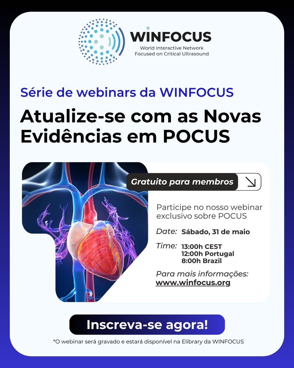 Novo Webinar! Atualize-se com as Novas Evidências em POCUS. 

No primeiro encontro, discutiremos o Sistema Cardiocirculatório e o Respiratório. Já no segundo, os temas abordados serão o Trauma e os Cuidados Primários de Saúde.

Link: winfocus.org/atualize-se-co…

🎙️Palestrantes: Dr.
