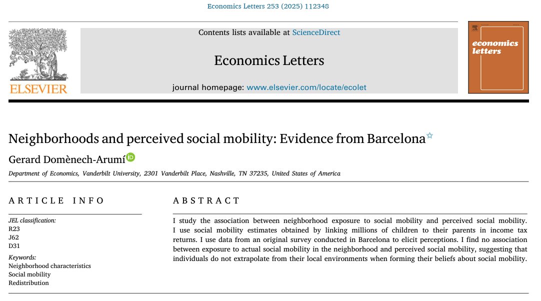 🚨 New publication! 🚨
TL;DR: I find no association between neighborhood exposure to social mobility and perceived social mobility, suggesting individuals do not derive their beliefs about this kind of perceptions from local environments, but the debate is not settled. #ECOLET