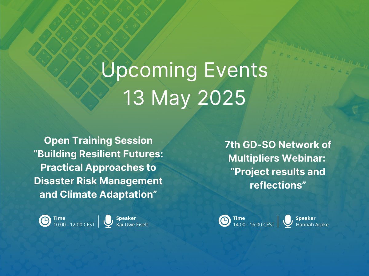 We have two exciting events tomorrow:
👉 10–12 CEST: Kai-Uwe at REGILIENCE OTS on disaster risk &amp; climate adaptation (regilience.eu/ots8-just-resi…)
👉 14–16 CEST: Hannah Arpke at GD-SO webinar on Green Deal project results (….research-and-innovation.ec.europa.eu/en/strategy/st…)

Join us! 🌍
