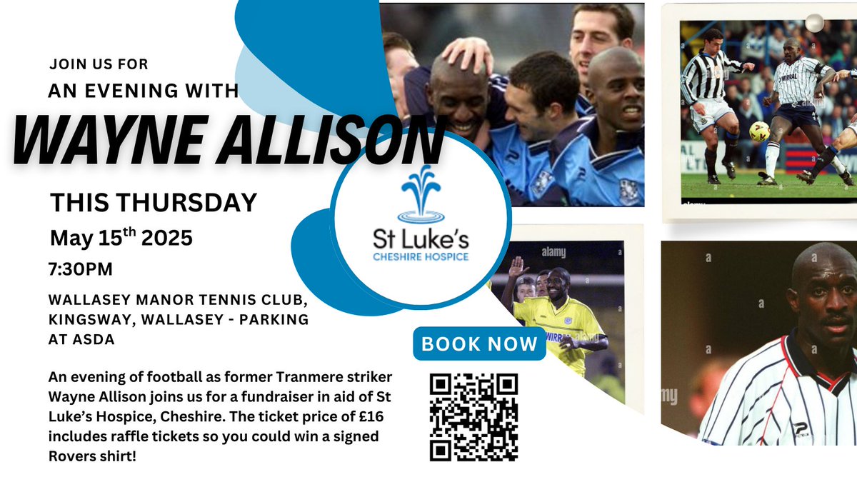 Becky Ashton (@beckyjashton) on Twitter photo The Evening with Wayne Allison is happening this Thursday at <a href="/wallaseytennis/">Wallasey Tennis Club</a> with all funds going to <a href="/StLukesHospice/">St Luke's Hospice</a>. Tickets are £16 and include raffle tickets and you can get some of the cheapest drinks prices on the Wirral #SWA #TRFC
eventbrite.co.uk/e/an-evening-w…
#swa #TRFC The Evening with Wayne Allison is happening this Thursday at <a href="/wallaseytennis/">Wallasey Tennis Club</a> with all funds going to <a href="/StLukesHospice/">St Luke's Hospice</a>. Tickets are £16 and include raffle tickets and you can get some of the cheapest drinks prices on the Wirral #SWA #TRFC
eventbrite.co.uk/e/an-evening-w…
#swa #TRFC