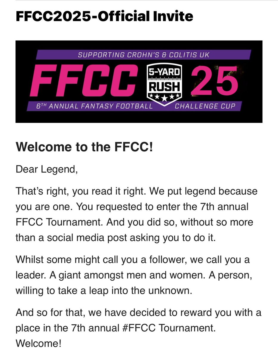 Bill S (@williamschule20) on Twitter photo Hell yeah! I love seeing this invite in my inbox! #FFCC Thanks <a href="/5yardrush/">5 Yard Rush</a>
Murf & Stocks-Keep up the great work! Hell yeah! I love seeing this invite in my inbox! #FFCC Thanks <a href="/5yardrush/">5 Yard Rush</a>
Murf & Stocks-Keep up the great work!