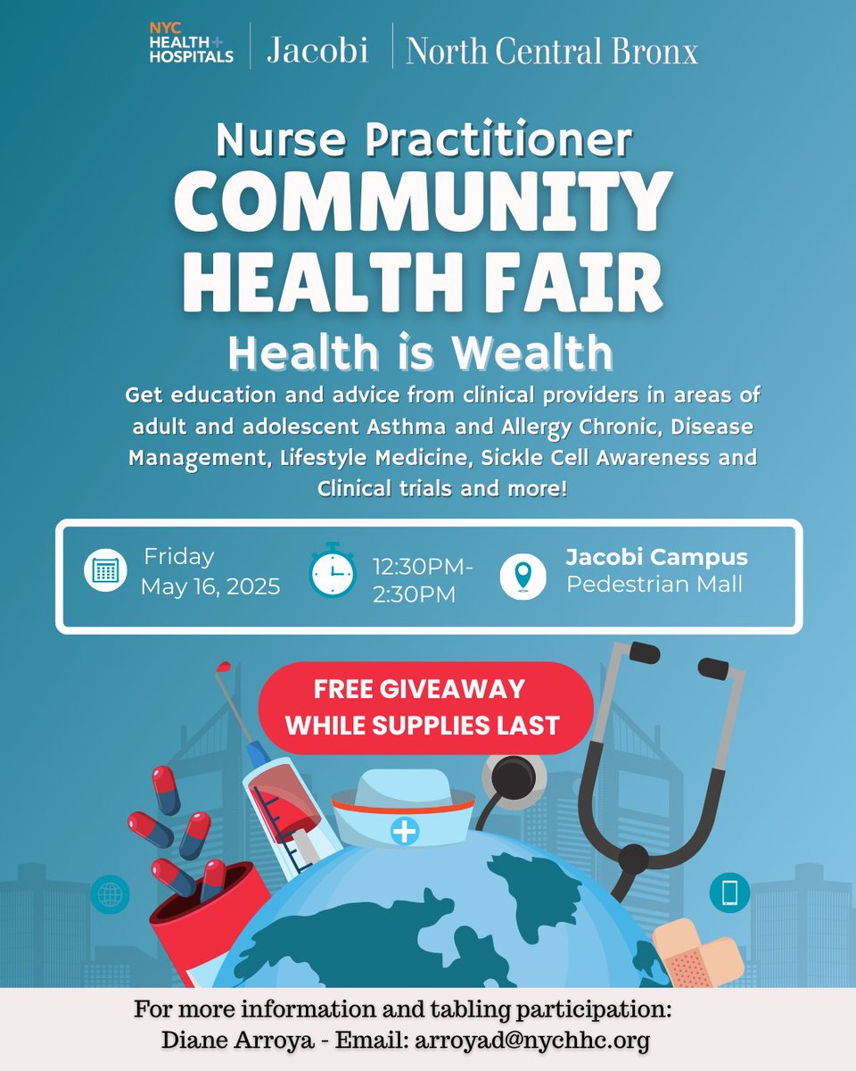 Celebrate our incredible NPs at the Nurse Practitioner Health Fair this Friday 5/16 from 12:30–2PM at Jacobi Campus!
Health tips, resources, giveaways &amp; more!

#JacobiCares #NPWeek #HealthFair2025 #BronxHealth #NPStrong #NYCHealth

Don’t miss it!