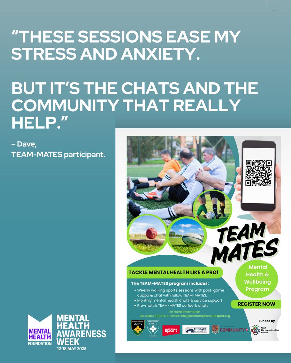 This #MentalHealthAwarenessWeek, we’re spotlighting how sport and community support men’s mental health.

TEAM-MATES connects men through movement, conversation &amp; care.
Learn more ⬇️
northamptonshiresport.org/teammates/

#ThisIsMyCommunity #TeamMates #MHAW2025