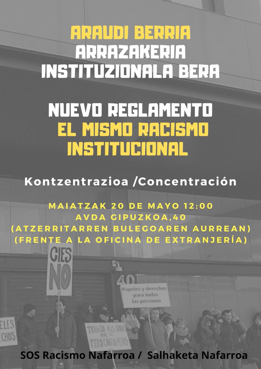 📣 Elkarretaratzea/Concentración📣

Araudi berria, Arrazakeria Instituzionala bera

Nuevo reglamento, el mismo Racismo Institucional

🗓️Maiatzak 20 de mayo 12:00
📌Avda Gipuzkoa, 40 (atzerritarren bulegoaren aurrean / frente a la oficina de extranjería)