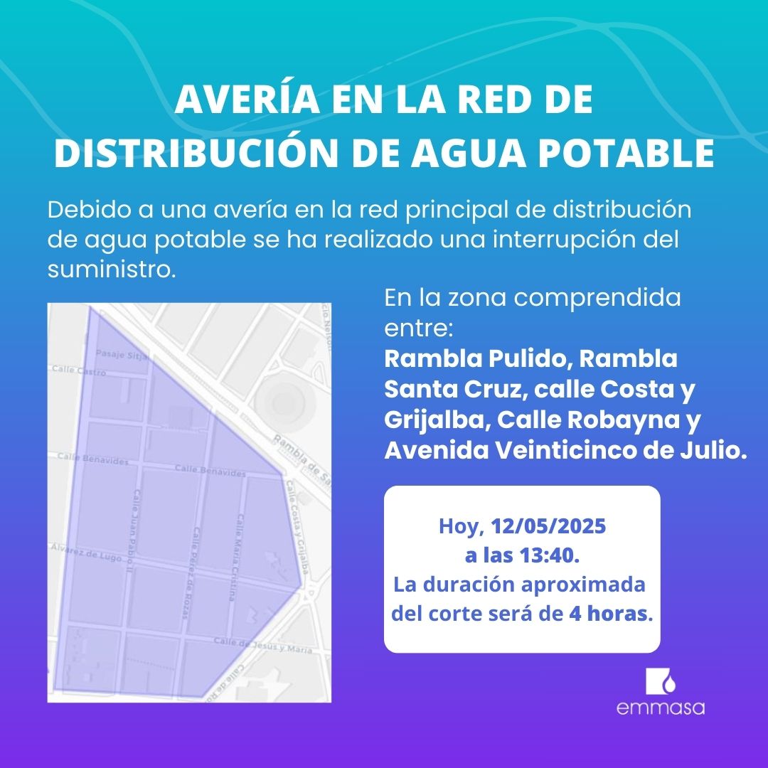 ‼️Se pone en su conocimiento que debido a la existencia de una avería en la red principal de distribución de agua la calle Juan Pablo II, hoy 12/05/2025, nos vemos obligados a interrumpir el suministro, siendo la zona afectada la comprendida entre las calles: Rambla Pulido,