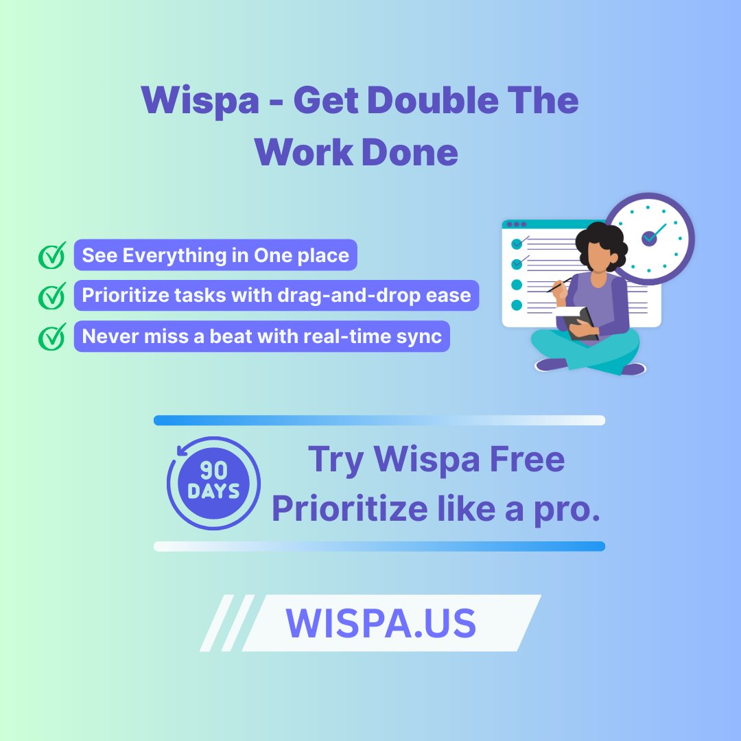 Wispa_us's tweet image. Start your week with direction — Not Distraction.
Feeling overwhelmed trying to stay organized? You're not alone. Most teams lose up to 40 minutes a day just trying to get on the same page.
#Wispa #WorkSmart #TaskManagement #MondayMotivation #MotivatorMonday #MotivationMonday