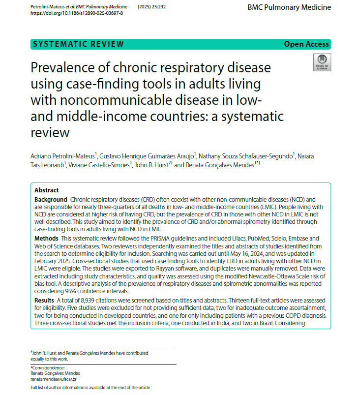 MARES Project Brazil (@maresproject) on Twitter photo 🎉 It’s published! Thrilled to share the first paper from the #MARES study!
This systematic review explored the prevalence of CRD using case-finding tools in adults living with NCDs in LMICs.
Well done, team! 👏
<a href="/renatagmendes/">Renata Mendes</a> <a href="/ProfHurst/">John Hurst</a> <a href="/AdrianoPetrol/">Adriano Petrolini</a>
🔗 rdcu.be/elHf8 🎉 It’s published! Thrilled to share the first paper from the #MARES study!
This systematic review explored the prevalence of CRD using case-finding tools in adults living with NCDs in LMICs.
Well done, team! 👏
<a href="/renatagmendes/">Renata Mendes</a> <a href="/ProfHurst/">John Hurst</a> <a href="/AdrianoPetrol/">Adriano Petrolini</a>
🔗 rdcu.be/elHf8