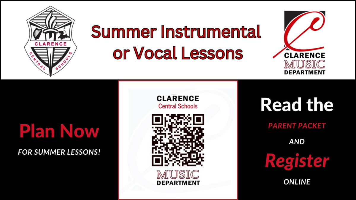 Clarence Music Department (@clarencemusicd1) on Twitter photo Another friendly reminder to register your child or teen by May 16 for <a href="/ClarenceCsd/">Clarence Central School District</a> Summer Instrumental or Vocal Music Lessons. Please scan the QR code below, read the parent packet, and REGISTER ONLINE BY THE END OF THIS WEEK, FRIDAY. 🙂🎵 🎤🎶 <a href="/ClarenceMusicD1/">Clarence Music Department</a> #ClarenceProud Another friendly reminder to register your child or teen by May 16 for <a href="/ClarenceCsd/">Clarence Central School District</a> Summer Instrumental or Vocal Music Lessons. Please scan the QR code below, read the parent packet, and REGISTER ONLINE BY THE END OF THIS WEEK, FRIDAY. 🙂🎵 🎤🎶 <a href="/ClarenceMusicD1/">Clarence Music Department</a> #ClarenceProud