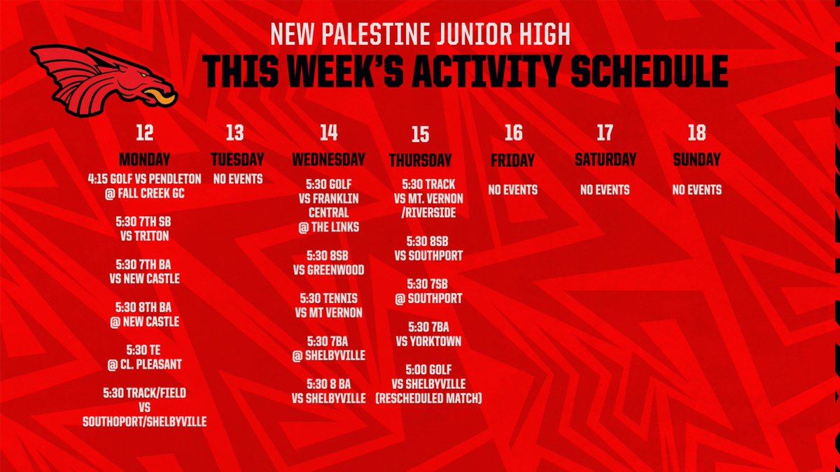 New Palestine JH Athletics (@dragonsnpjh) on Twitter photo The week ahead for NPJH Athletics..
<a href="/jessicaneill/">Jessica Neill</a> <a href="/AmonesNPJH/">NPJH Assistant Principal</a> <a href="/NewPalCS/">New Palestine Community Schools</a> The week ahead for NPJH Athletics..
<a href="/jessicaneill/">Jessica Neill</a> <a href="/AmonesNPJH/">NPJH Assistant Principal</a> <a href="/NewPalCS/">New Palestine Community Schools</a>