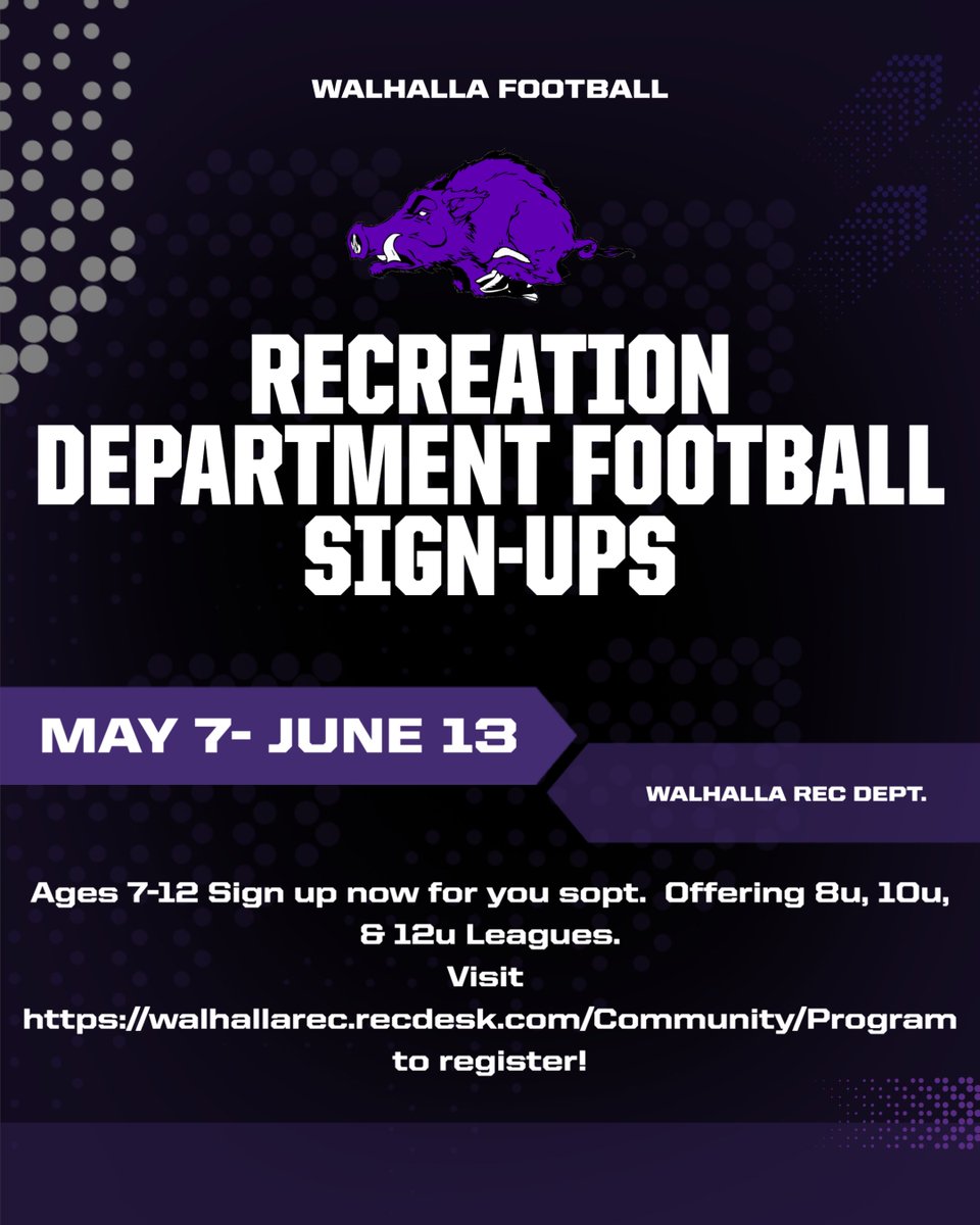 REC FOOTBALL SIGN-UPS ARE NOW OPEN! Visit walhallarec.recdesk.com/Community/Prog… to secure your child's spot!