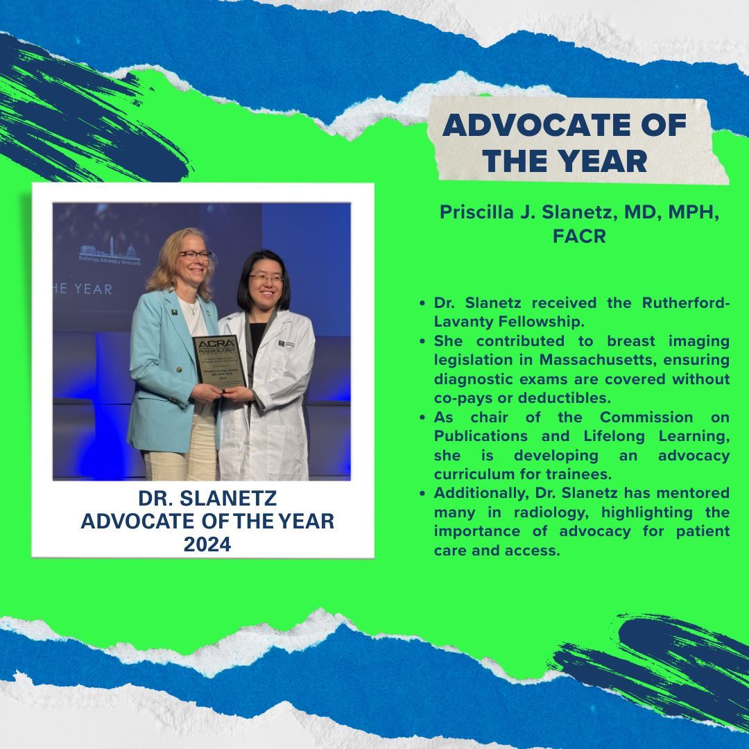 ACRRAN's tweet image. 📢 We congratulate @ACRRadiology Howard Fleishon Advocate of the Year Award recipient, @pslanetz. Her tireless work in advocacy was instrumental in the passage of critical breast imaging legislation in @MRSRFS, which includes coverage of diagnostic exams w/o co-pay or deductible.