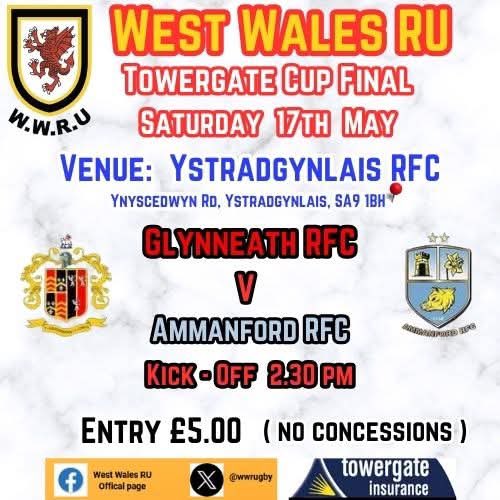Ammanford RFC - Clwb Rygbi Rhydaman #glasadu (@ammanford_rugby) on Twitter photo ๐ตWEST WALES CUP FINALโซ๏ธ
A busy weekend of finals for our club in the final week of the season,we play <a href="/glynrfc/">Glynneath RFC</a> in the <a href="/Towergate/">Towergate Insurance</a> West Wales Cup Final๐
๐ <a href="/glynrfc/">Glynneath RFC</a>
๐๏ธ <a href="/ystradbluesrfc/">Ystradgynlais RFC ๐ ๐ด๓ ง๓ ข๓ ท๓ ฌ๓ ณ๓ ฟ</a> SA9 1BH
โฐ 14:30pm
๐ Saturday 17th May
๐ West Wales Cup Final
๐ตโซ๏ธ
#glasadu #mwynachlwb ๐ตWEST WALES CUP FINALโซ๏ธ
A busy weekend of finals for our club in the final week of the season,we play <a href="/glynrfc/">Glynneath RFC</a> in the <a href="/Towergate/">Towergate Insurance</a> West Wales Cup Final๐
๐ <a href="/glynrfc/">Glynneath RFC</a>
๐๏ธ <a href="/ystradbluesrfc/">Ystradgynlais RFC ๐ ๐ด๓ ง๓ ข๓ ท๓ ฌ๓ ณ๓ ฟ</a> SA9 1BH
โฐ 14:30pm
๐ Saturday 17th May
๐ West Wales Cup Final
๐ตโซ๏ธ
#glasadu #mwynachlwb