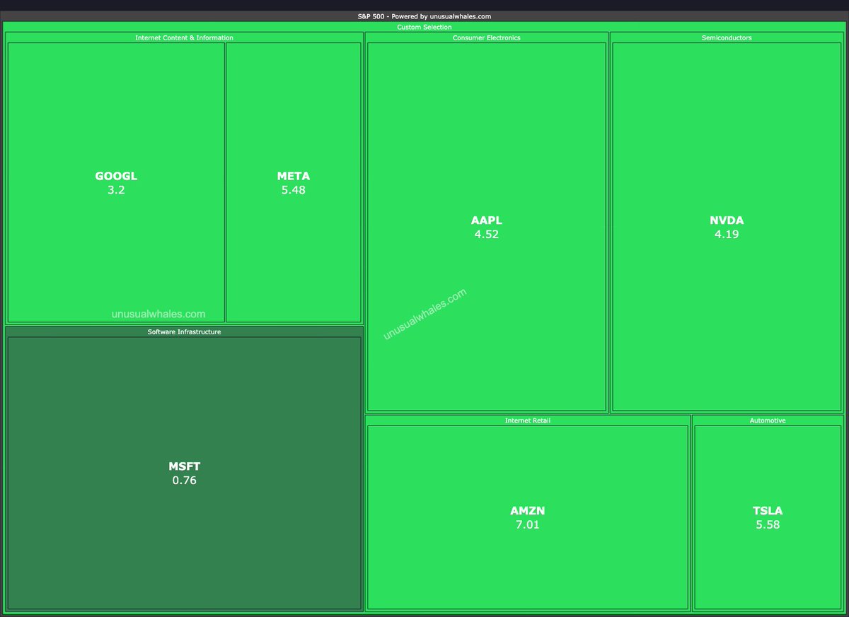 unusual_whales's tweet photo. The Magnificent 7 is very green today. https://t.co/1eLRiBJd0v