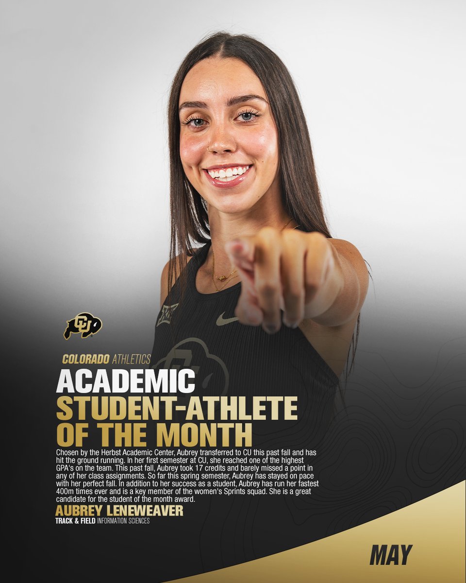 Congratulations to Aubrey Leneweaver for being selected as one of our Herbst Academic Center student-athletes of the month for May!
<a href="/CUBuffsTrack/">Colorado Buffaloes Track & XC</a> 
@cubuffslead
@nfoura12 #HACademcis #GoBuffs #STUDENTathlete
