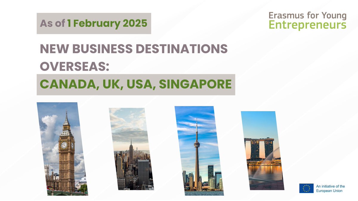New horizons, fresh perspectives, and cross-border   #collaboration, what’s not to love? ✈️

The Erasmus for Young #Entrepreneurs programme keeps evolving. It’s time to take your next step in your entrepreneurial #journey!
 
See what’s out there 👉 erasmus-entrepreneurs.eu