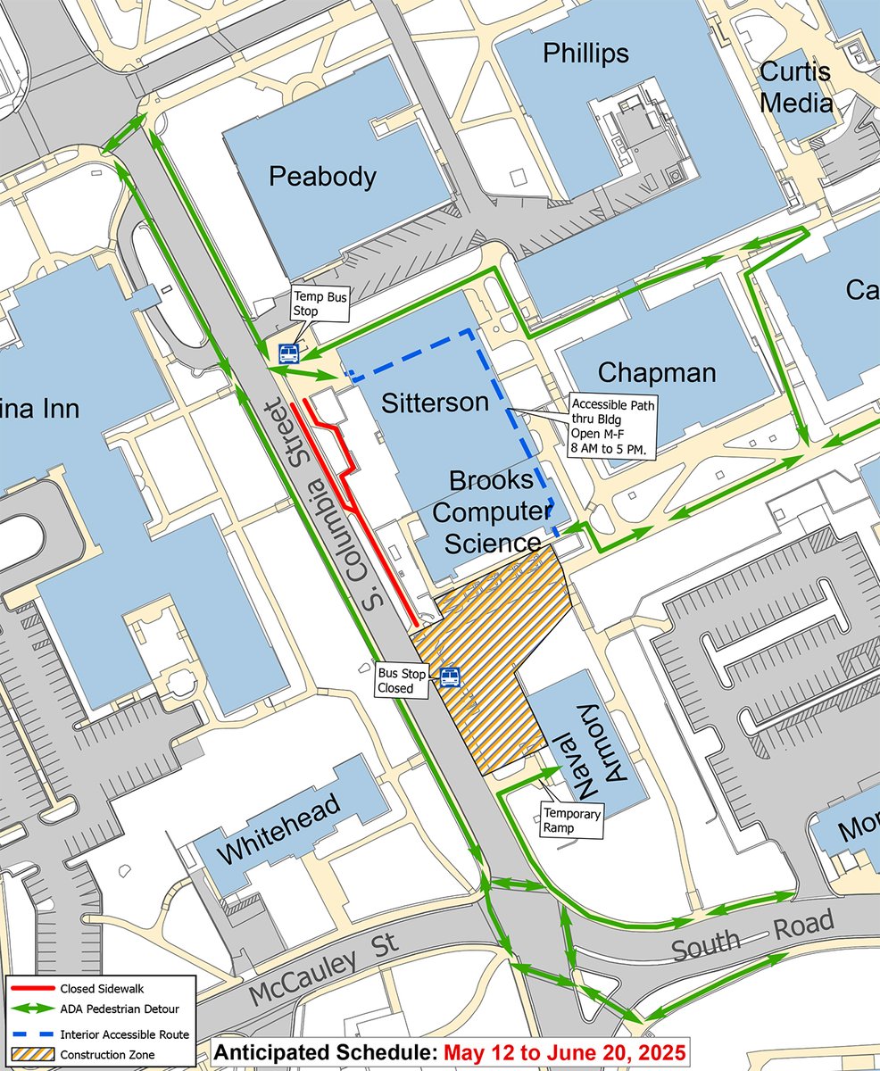 The South Columbia Street sidewalk outside Sitterson, Brooks Computer Science and the Naval Armory will be closed to pedestrians beginning Monday, May 12. Pedestrians should follow designated reroutes and remain alert to construction activity. More info: go.unc.edu/Ab6m9.