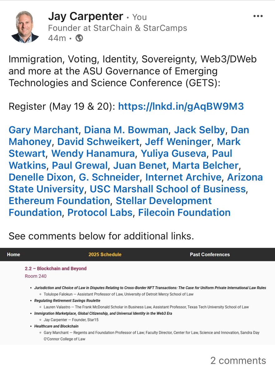 Immigration, Voting, Identity, Sovereignty, Web3/DWeb at GETS

May 19 &amp; 20

Registration is open 

linkedin.com/posts/jaycarpe…

<a href="/GETDWeb/">DWeb → ⁂ @dweb@social.coop</a> <a href="/ASULaw/">ASU Law</a> <a href="/USCMarshall/">USC Marshall School of Business</a> <a href="/internetarchive/">Internet Archive</a> <a href="/ethereumfndn/">Ethereum Foundation</a> <a href="/StellarOrg/">Stellar</a> <a href="/protocollabs/">Protocol Labs</a> <a href="/Filecoin/">Filecoin</a>