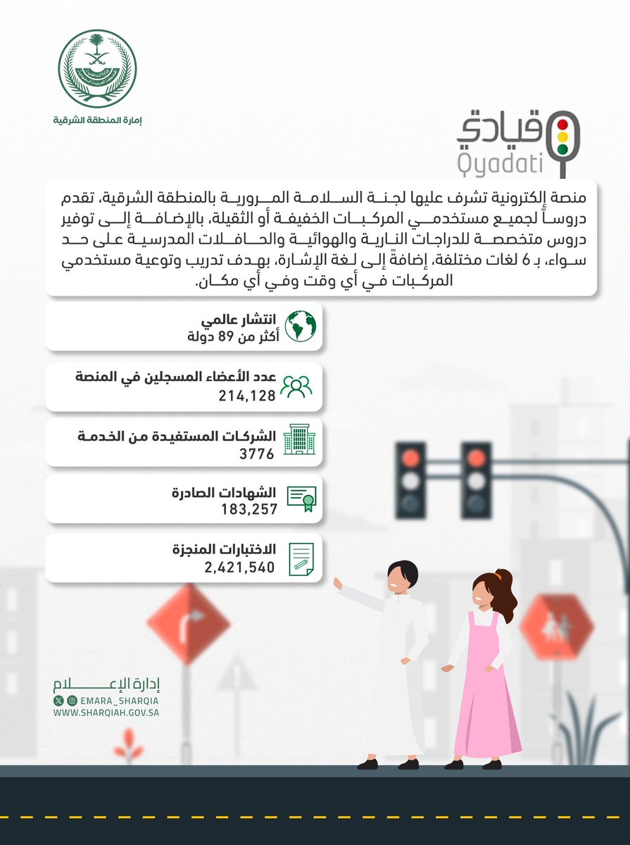 يُقدّم برنامج “قيادتي” دورات تدريبية مجانية في مجال السلامة المرورية، موجهة للسائقين، وطلبة ومنسوبي التعليم العام، وقائدي حافلات النقل المدرسي ، بما يُسهم في تحقيق المستهدفات الوطنية.

▪️ برنامج “قيادتي” يوفّر دورات في القيادة الوقائية بشكل “مجاني”.

يمكن الدخول إلى المنصة عبر