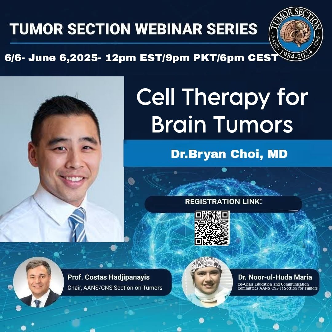 NS Tumor Section (@nstumorsection) on Twitter photo Excited to announce a webinar by Dr. Bryan Choi on “Cell Therapy for Brain Tumors”!
June 6 | 12PM EST | 9PM PKT | 6PM CEST
Register here:
aans-org.zoom.us/webinar/regist…
#Neurosurgery #BrainTumorResearch #CellTherapy #Webinar #BryanChoi
<a href="/hadjiMDPhD/">Costas Hadjipanayis</a> <a href="/MGHCancerCenter/">Mass General Cancer Center</a>
<a href="/noorulhudamaria/">Noor ul huda Maria MD</a> Excited to announce a webinar by Dr. Bryan Choi on “Cell Therapy for Brain Tumors”!
June 6 | 12PM EST | 9PM PKT | 6PM CEST
Register here:
aans-org.zoom.us/webinar/regist…
#Neurosurgery #BrainTumorResearch #CellTherapy #Webinar #BryanChoi
<a href="/hadjiMDPhD/">Costas Hadjipanayis</a> <a href="/MGHCancerCenter/">Mass General Cancer Center</a>
<a href="/noorulhudamaria/">Noor ul huda Maria MD</a>