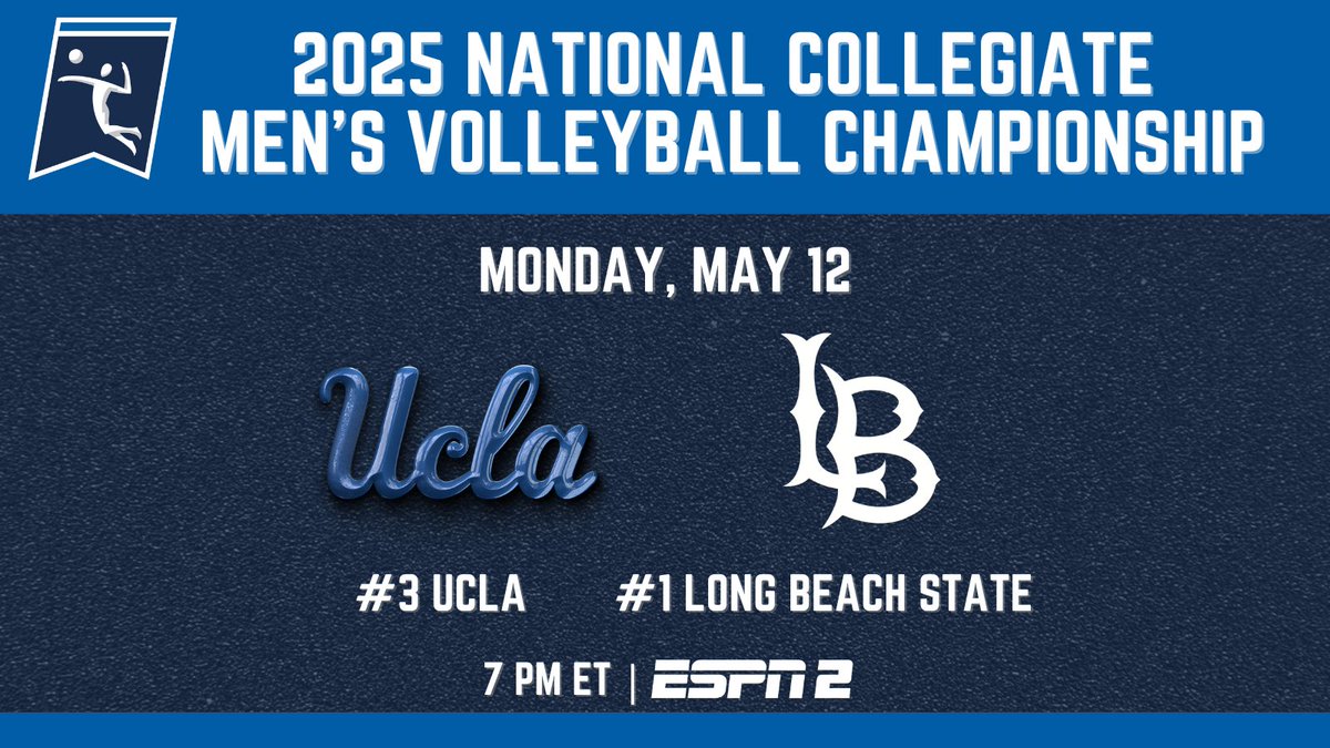 ESPN PR (@espnpr) on Twitter photo Monday, the 2025 #NCAAMVB National Champion will be crowned on ESPN2
๐ 7p ET | No. 1 <a href="/LBSUMVB/">Long Beach State Menโs VB</a> vs No. 3 <a href="/UCLAMVB/">UCLA M. Volleyball</a> Monday, the 2025 #NCAAMVB National Champion will be crowned on ESPN2
๐ 7p ET | No. 1 <a href="/LBSUMVB/">Long Beach State Menโs VB</a> vs No. 3 <a href="/UCLAMVB/">UCLA M. Volleyball</a>