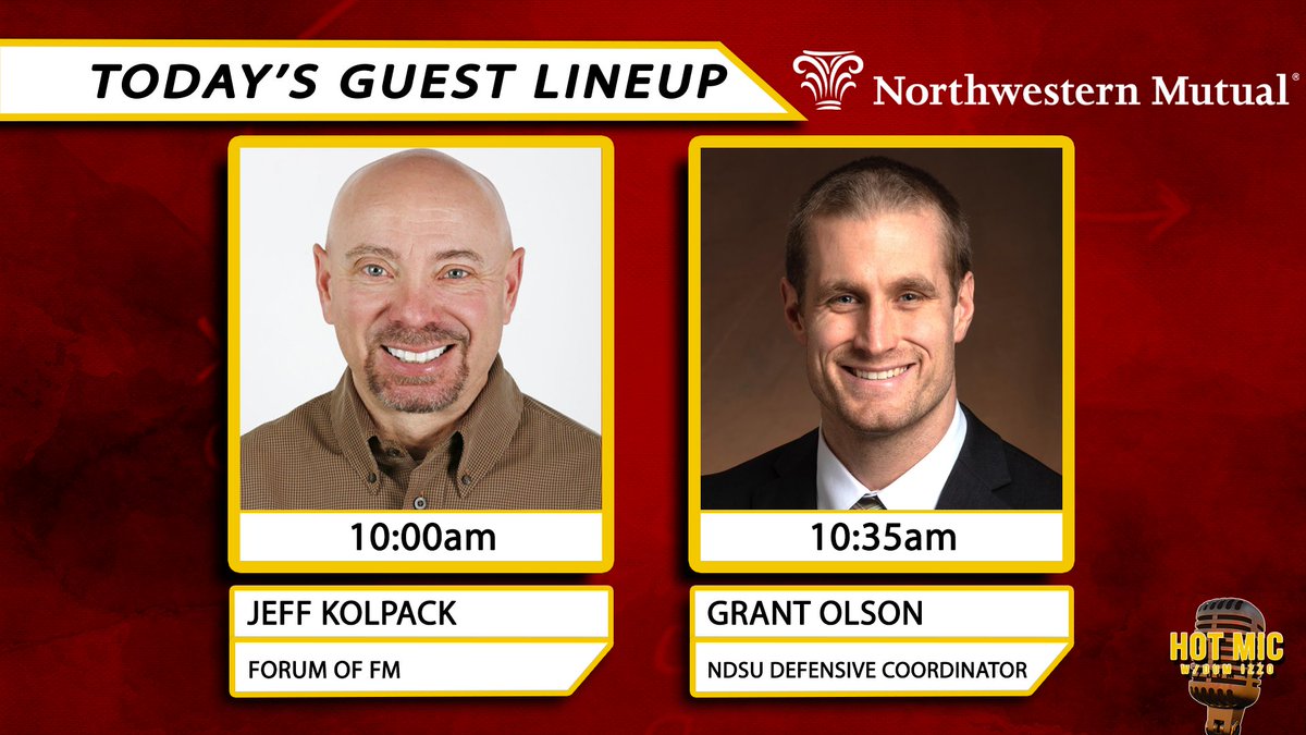 Hot Mic with Dom Izzo (@hotmicwday) on Twitter photo Kickoff your week with these guests on Hot Mic!
9:20 am - Best of Weekend
10:00 am - <a href="/KolpackInForum/">Jeff Kolpack</a>
10:35 am - <a href="/CoachGrantOlson/">Coach Grant Olson</a>
📺WDAY Xtra, KSFL-TV
📱 inforum.com Kickoff your week with these guests on Hot Mic!
9:20 am - Best of Weekend
10:00 am - <a href="/KolpackInForum/">Jeff Kolpack</a>
10:35 am - <a href="/CoachGrantOlson/">Coach Grant Olson</a>
📺WDAY Xtra, KSFL-TV
📱 inforum.com