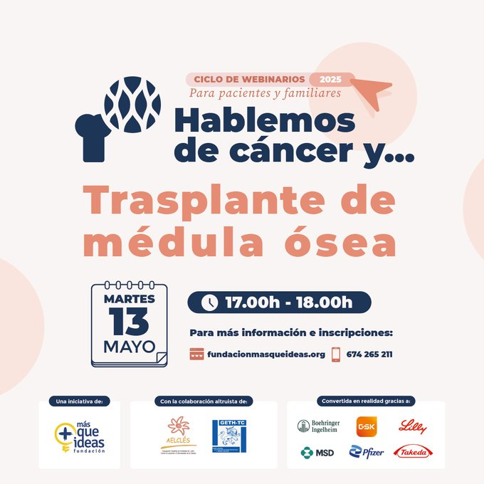 @sehh_es (@sehh_es) on Twitter photo #pacientes | No te pierdas mañana el seminario virtual que organiza <a href="/FundacionMQI/">Fundación MÁS QUE IDEAS</a> dentro del ciclo “Hablemos de #cáncer y…”
En este caso, centrado en #trasplante de #MédulaÓsea.
La reunión contará con:
👩⚕️<a href="/QueraltSalas/">Queralt Salas</a>, hematóloga e investigadora del <a href="/hospitalclinic/">Hospital Clínic</a> #pacientes | No te pierdas mañana el seminario virtual que organiza <a href="/FundacionMQI/">Fundación MÁS QUE IDEAS</a> dentro del ciclo “Hablemos de #cáncer y…”
En este caso, centrado en #trasplante de #MédulaÓsea.
La reunión contará con:
👩⚕️<a href="/QueraltSalas/">Queralt Salas</a>, hematóloga e investigadora del <a href="/hospitalclinic/">Hospital Clínic</a>