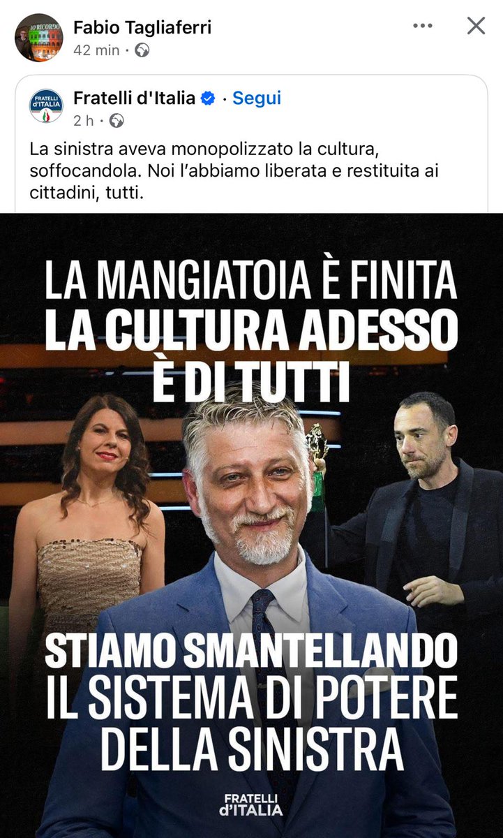Dice Tagliaferri, dirigente di Fratelli d’Italia di Frosinone e capo della principale azienda culturale italiana, che la mangiatoia è finita. Ricordatevi questo post: Tagliaferri, Fratelli d’Italia di Frosinone, mangiatoia. Ne parliamo presto.