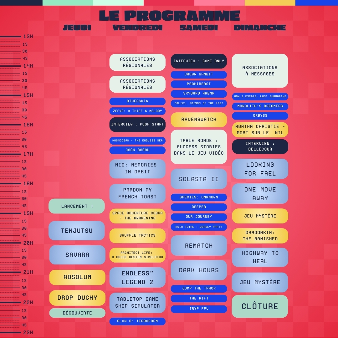 Le programme complet est là ! 🚨

Du 15 au 18 mai, préparez-vous pour un marathon de jeux indés français sur la chaîne de <a href="/mistermv/">mistermv</a> ! 🎮

Tous les détails sont sur jeuxmadeinfrance.fr. Prenez vos agendas et préparez-vous à découvrir de vraies pépites !