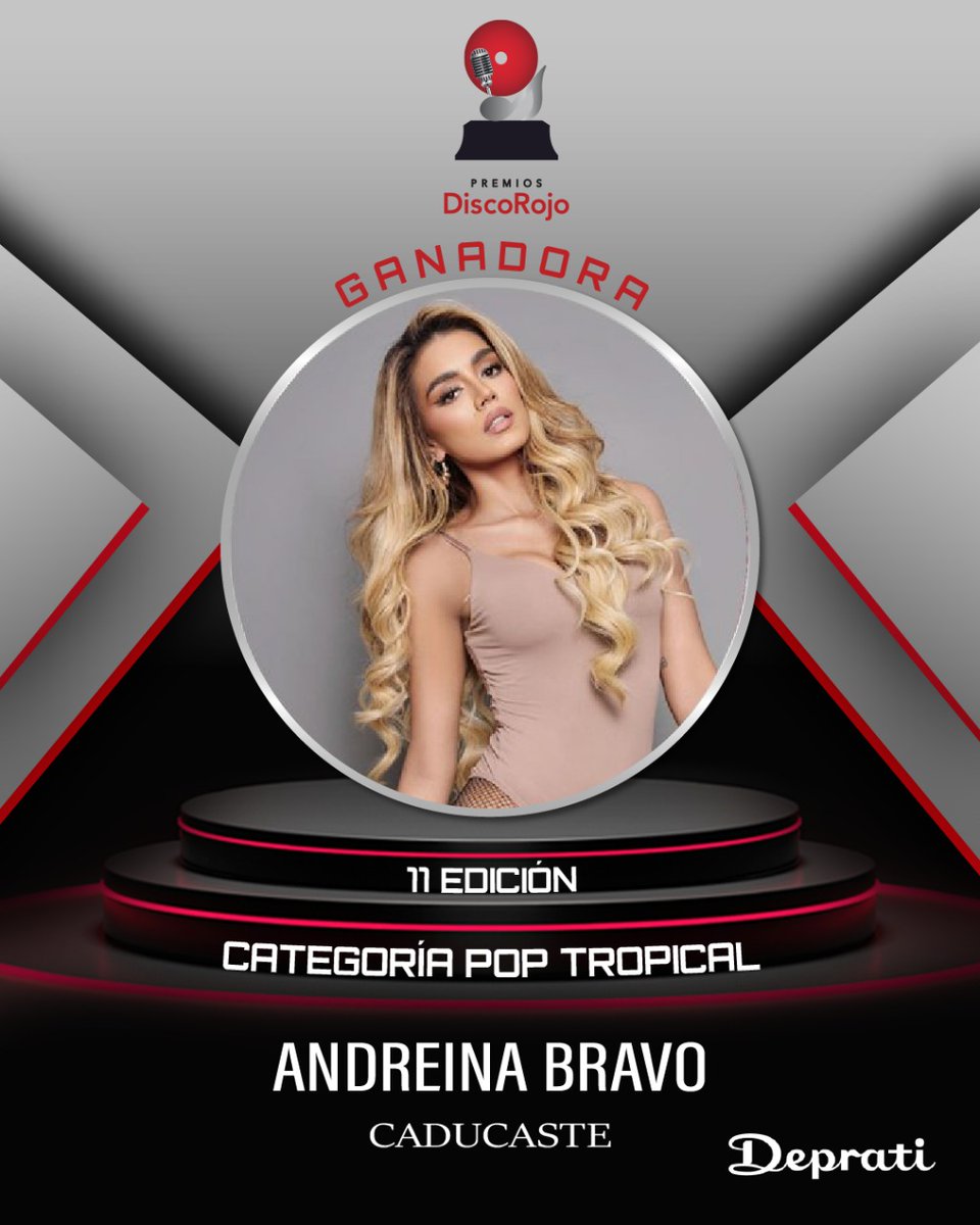 🔥 ¡Felicidades, Andreína Bravo! <a href="/andreinabravo11/">AndreinaBravoJ</a> 
Ganadora de la categoría #PopTropical en la 11ª edición de #PremiosDiscoRojo con la canción ´´Caducaste´´.
¡El futuro de la música ecuatoriana está en grandes manos! 👏💿