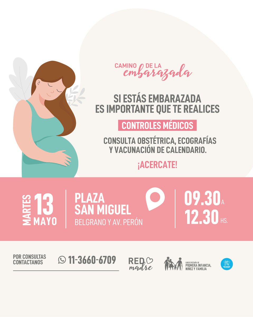 El martes 13 de mayo realizaremos un nuevo operativo de Camino de la Embarazada en Plaza San Miguel, para que quienes lo necesiten puedan realizarse los controles debidos🤰
Mirá los detalles del operativo en la foto