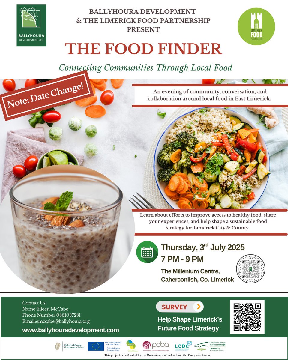 📣 Reminder – date change!
Join us for "Connecting Communities Through Local Food" – now on 3rd July, 7–9PM at the Millennium Centre, Caherconlish.
Help shape Limerick’s future food strategy!
📌 Register: t.ly/nYIWr
📝 Take the survey: t.ly/q3mfH