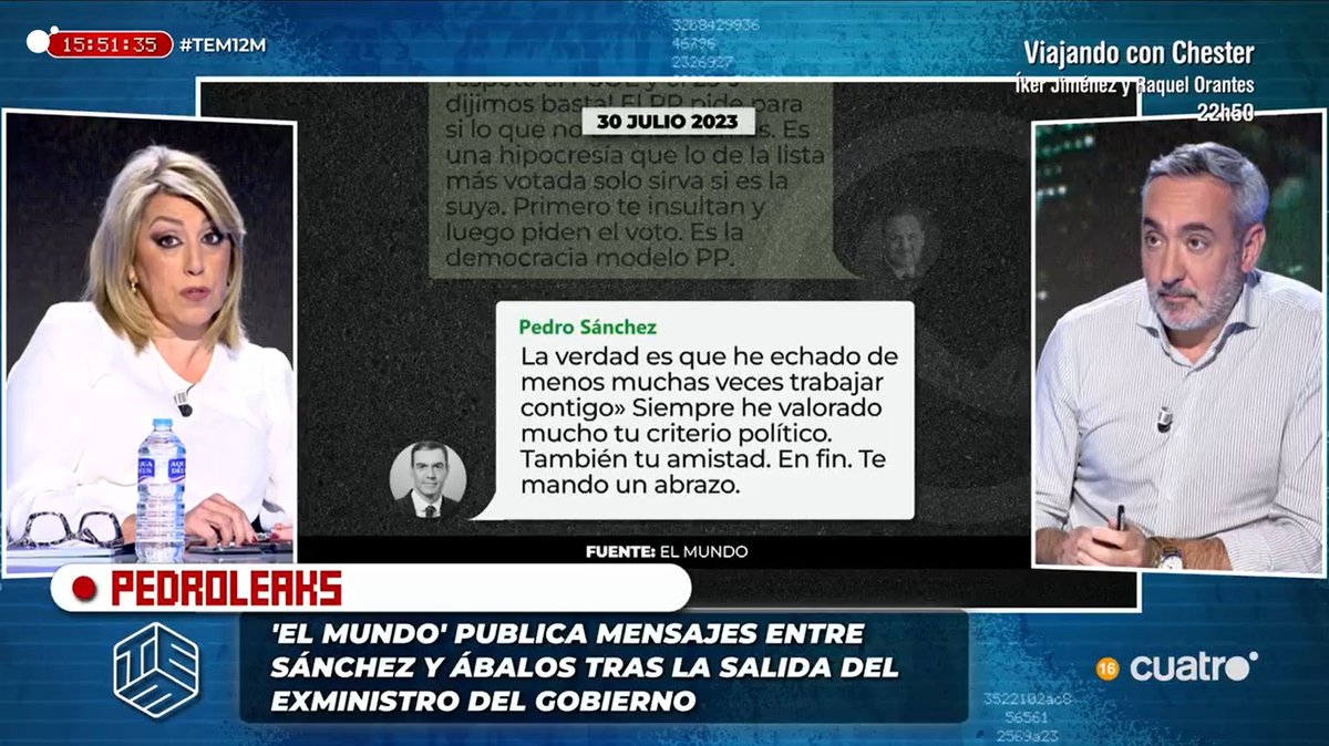 Sánchez a Ábalos en los mensajes publicados por El Mundo: "La verdad es que he echado de menos muchas veces trabajar contigo (...) También tu amistad"

#TEM12M
cuatro.com/en-directo/