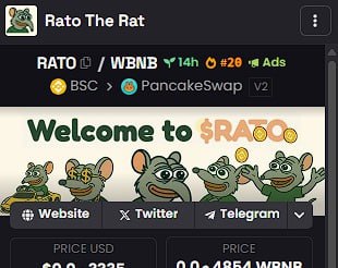 Chart’s up. Ads are rolling.
The rat is out the cage — and it’s coming for the top. 

<a href="/dexscreener/">DEX Screener</a> updated
Ads just started

dexscreener.com/bsc/0x3ea6eb08…

Eyes on $RATO. This is where the next meme legend begins.

Contract
0x3eA6eb083Ac2b82F3d87124f701770c0b9E6228f