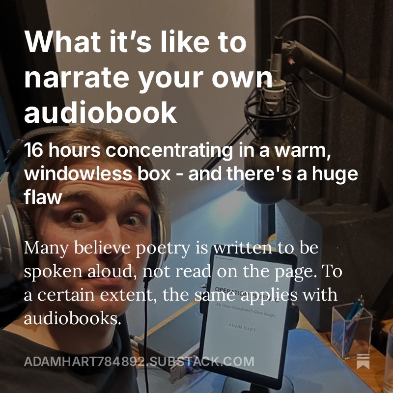 Ever wondered what it’s like to narrate your own audiobook? 

Pleased to be sharing my first Substack piece on the eye-opening, emotional, maddening, totally exhausting and slightly flawed process. 

Please do subscribe and share! Thank you :)

open.substack.com/pub/adamhart78…