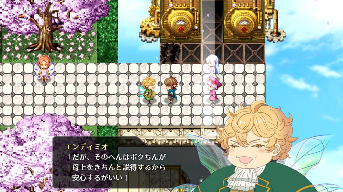 マップを作り直したので、現在は各イベントの位置情報を再設定しているところです。
こうしてテストプレイしていると、エンディミオのキャラ絵は良い感じに見えますね。かわいい。
まぁ他キャラに合わせて描き直す必要はありそうですががが。