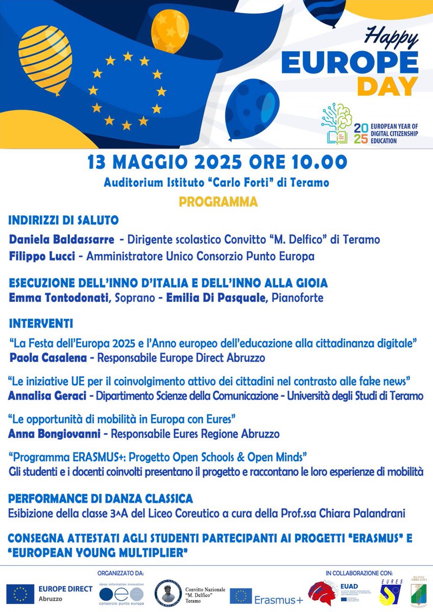 Nuovo appuntamento domani 13 maggio a Teramo, per celebrare la Festa dell’Europa e i suoi valori. 
#festadellEuropa #annoeuropeo
 #EuropeDirect #europainitalia #parlamentoeuropeo