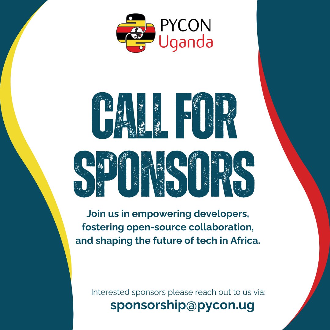 PyCon Uganda (@pyconuganda) on Twitter photo Want to support Python in Africa?
Become a #PyConUganda2025 sponsor!
Empower the next generation of developers, promote your brand, and shape the future of tech on the continent.
đź“© sponsorship@pycon.ug
🌍 ug.pycon.org/2025/sponsor-u… Want to support Python in Africa?
Become a #PyConUganda2025 sponsor!
Empower the next generation of developers, promote your brand, and shape the future of tech on the continent.
đź“© sponsorship@pycon.ug
🌍 ug.pycon.org/2025/sponsor-u…