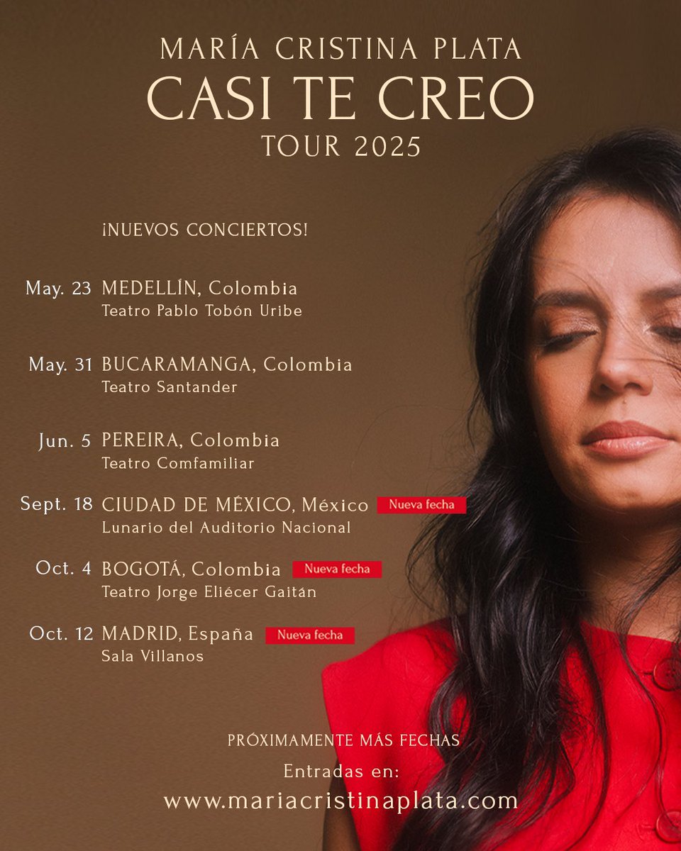 Nuevas Fechas!!! CDMX, BOGOTÁ Y MADRID!! ❤️‍🔥❤️‍🔥❤️‍🔥 Significa mucho para mí contarles estos nuevos lugares que me han dado mucho amor y a los que ahora regresar me llena el alma de emoción!! Nos vemos pronto con el #CasiTeCreoTour!

Entradas en: mariacristinaplata.com