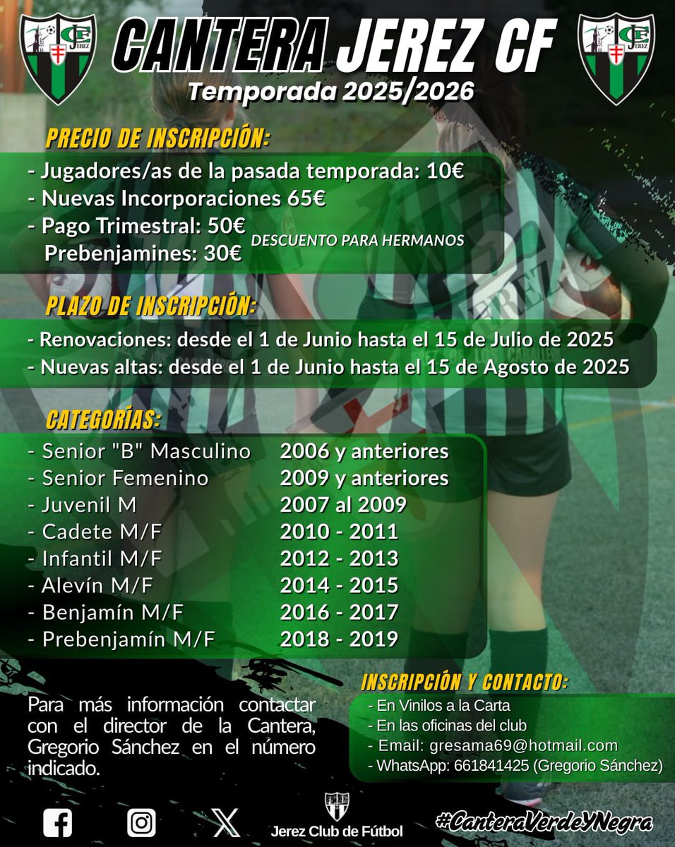 ¿Quieres formar parte de nuestra familia verde y negra? 🔜 A partir del 🗓️1 de junio se abre el plazo de inscripción para renovaciones y nuevas incorporaciones.
Vente al Jerez Club de Fútbol! 💚🖤
#IlusionVerdeYNegra ℹ️⤵️