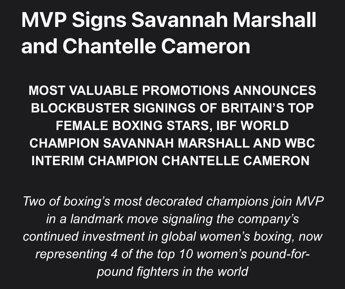 Jake Donovan (@jakendabox) on Twitter photo Two more big signings for <a href="/MostVpromotions/">Most Valuable Promotions</a> who’ve added <a href="/chantellecam/">Chantelle Cameron</a> and <a href="/Savmarshall1/">Savannah Marshall</a> to its roster. Two more big signings for <a href="/MostVpromotions/">Most Valuable Promotions</a> who’ve added <a href="/chantellecam/">Chantelle Cameron</a> and <a href="/Savmarshall1/">Savannah Marshall</a> to its roster.