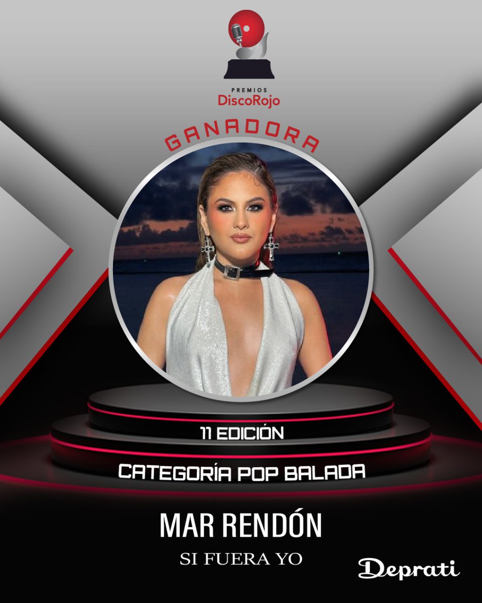 🎉✨ ¡Felicidades,  <a href="/MarRendonMusica/">Mar Rendón 🩷</a>!
Ganadora de dos categorías en la 11ª edición de #PremiosDiscoRojo:
🏆 Pop Balada con su emotiva canción “Si fuera yo”
👑 Artista Femenina, por su impacto, voz y conexión con el público.

Su talento sigue tocando corazones 💖