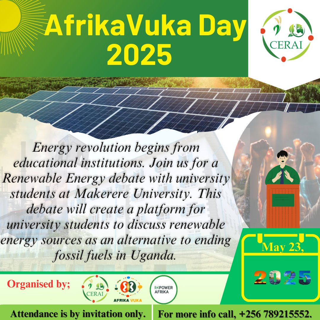 JAMES 🌍🪐 KASHOBOROZI 🦖 🌍🌳 (@kashoborozia) on Twitter photo Powering Resistance: Renewable energy as a path to fossil fuel independence in Uganda. As we celebrate the upcoming #AfrikaVukaDay2025 <a href="/CERAIUg/">Centre for Environmental Research and Agriculture</a> will engage university students in debate to understand what a just energy transition truly entails & students role in energy transition Powering Resistance: Renewable energy as a path to fossil fuel independence in Uganda. As we celebrate the upcoming #AfrikaVukaDay2025 <a href="/CERAIUg/">Centre for Environmental Research and Agriculture</a> will engage university students in debate to understand what a just energy transition truly entails & students role in energy transition