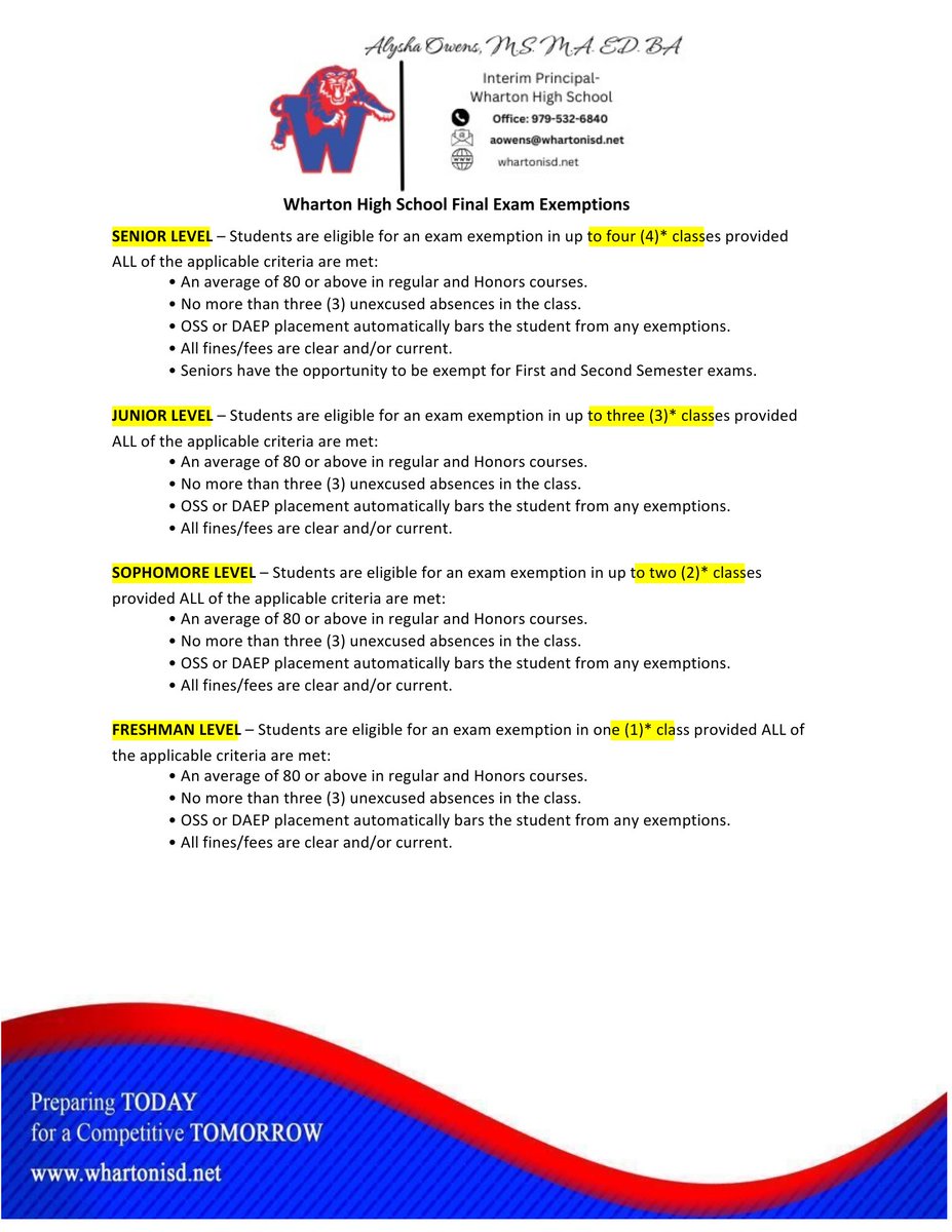 Wharton High School parents, just a reminder about Spring Semester Exams. Exemption list will be posted in the hallways today.