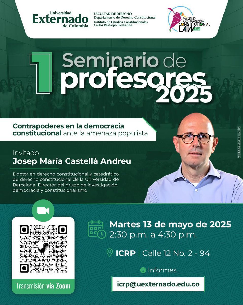 GEDECO - EUCODEM (@gedecoub) on Twitter photo El martes 13 de mayo a las 21.30h (GMT+2) el Dr. Josep Mª Castellà presentará el libro "Contrapoderes en la democracia constitucional ante la amenaza populista" en el I Seminario de Profesores 2025, organizado por el ICPR - Facultad de Derecho de la <a href="/UExternado/">U.Externado</a>.
Tranmisión Zoom: El martes 13 de mayo a las 21.30h (GMT+2) el Dr. Josep Mª Castellà presentará el libro "Contrapoderes en la democracia constitucional ante la amenaza populista" en el I Seminario de Profesores 2025, organizado por el ICPR - Facultad de Derecho de la <a href="/UExternado/">U.Externado</a>.
Tranmisión Zoom: