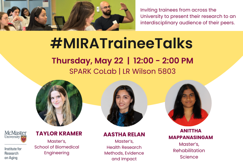 Trainee Talks is back! Join us on May 22 from 12-2 at the Spark CoLab for an afternoon of aging research topics on dysphagia, frailty and x-ray absorptiometry imaging.

Registration: docs.google.com/forms/d/e/1FAI…